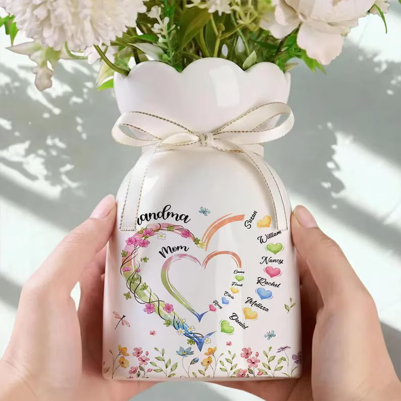 Personalized Grandma Heart Vase with Names, Custom Mother's Day Gift, First Mom Now Grandma, Floral Heart Ribbon Tie Flower Vase for Grandma