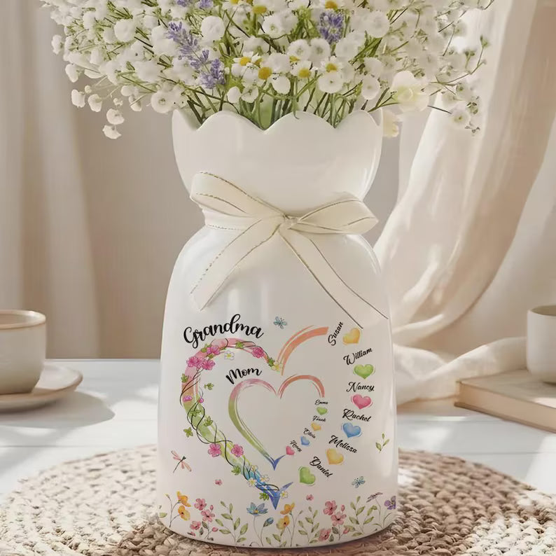 Personalized Grandma Heart Vase with Names, Custom Mother's Day Gift, First Mom Now Grandma, Floral Heart Ribbon Tie Flower Vase for Grandma