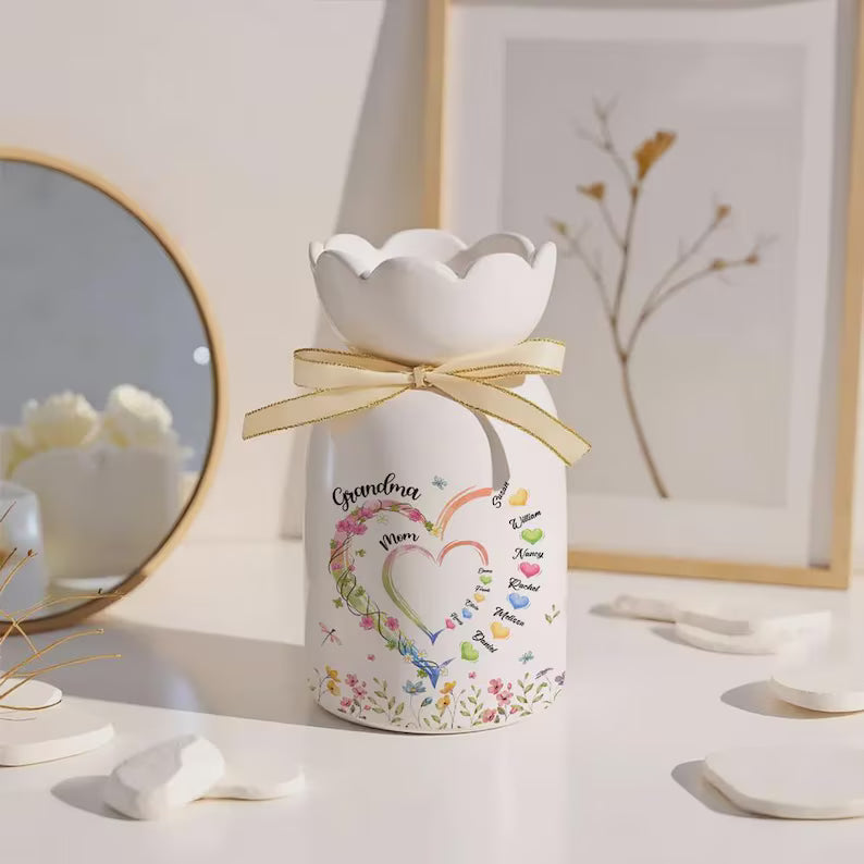 Personalized Grandma Heart Vase with Names, Custom Mother's Day Gift, First Mom Now Grandma, Floral Heart Ribbon Tie Flower Vase for Grandma