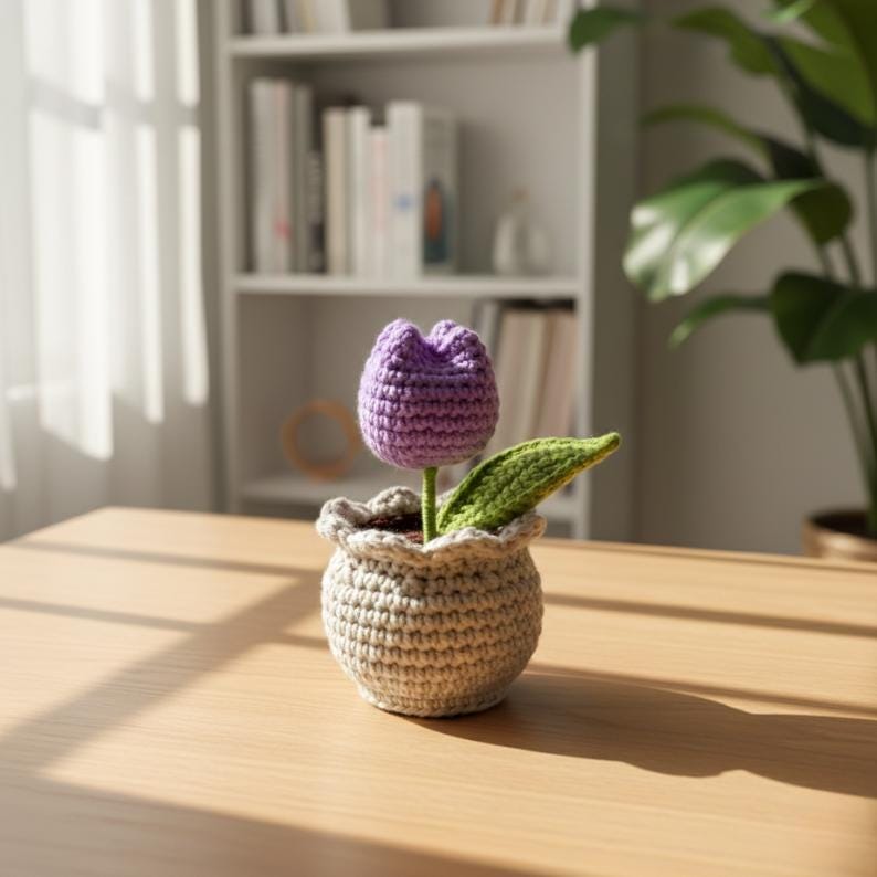 Handmade Crochet Tulip Pot, Everlasting Floral Gift