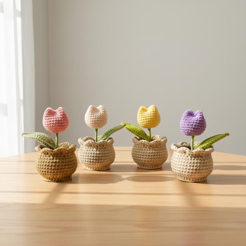 Handmade Crochet Tulip Pot, Everlasting Floral Gift