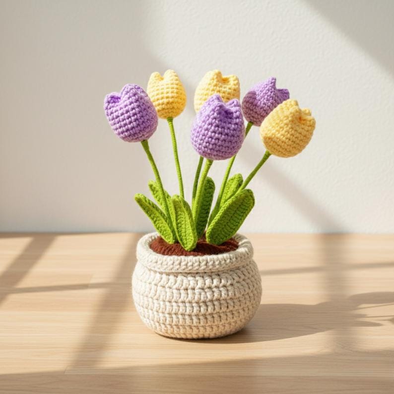 Handmade Crochet Tulip Pot, Everlasting Floral Gift