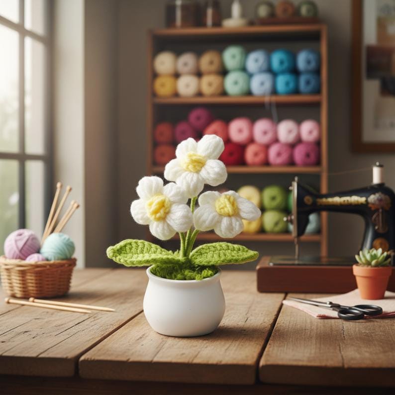 Handmade Crochet Flower Pot, Colorful Desk Decor