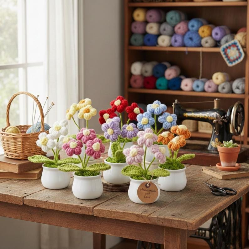 Handmade Crochet Flower Pot, Colorful Desk Decor