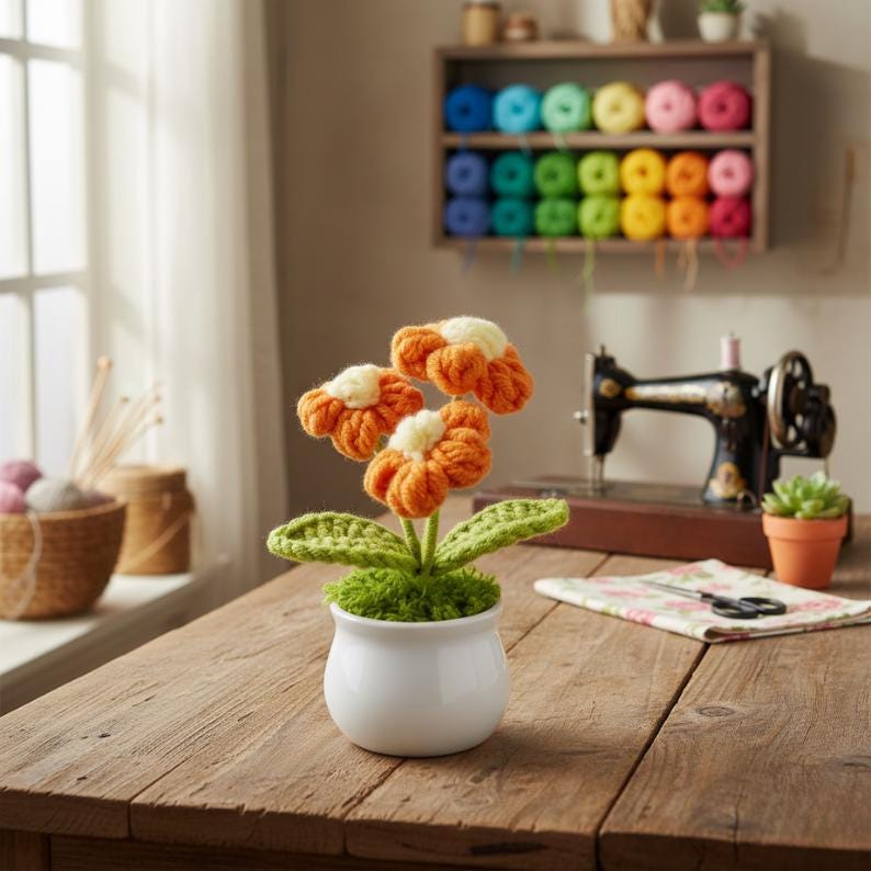 Handmade Crochet Flower Pot, Colorful Desk Decor