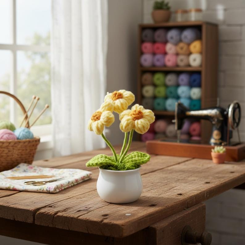 Handmade Crochet Flower Pot, Colorful Desk Decor