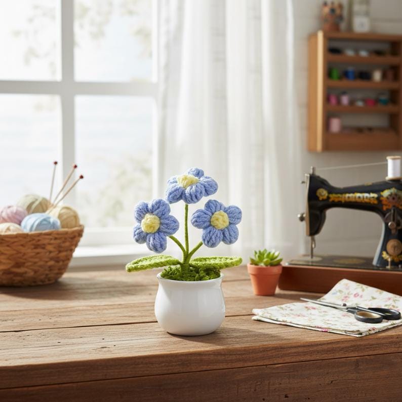 Handmade Crochet Flower Pot, Colorful Desk Decor