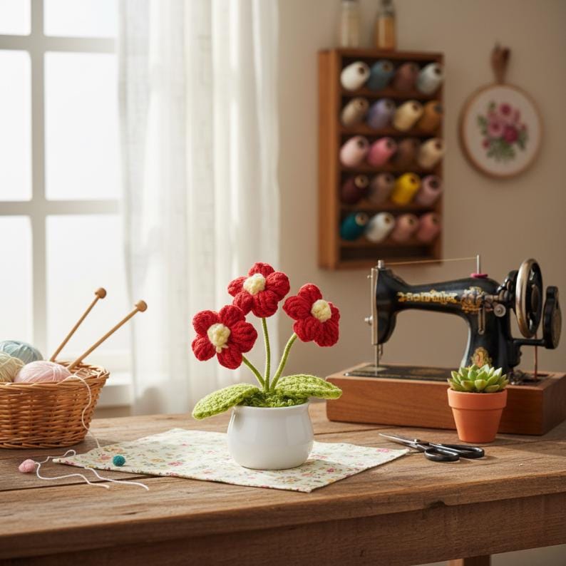 Handmade Crochet Flower Pot, Colorful Desk Decor
