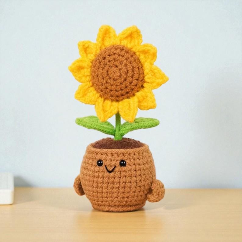 Crochet Sunflower Pot, Handmade Smiling Flower, Emotional Support Gift