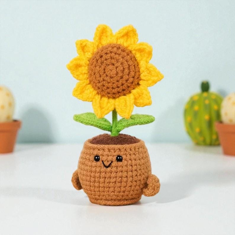 Crochet Sunflower Pot, Handmade Smiling Flower, Emotional Support Gift