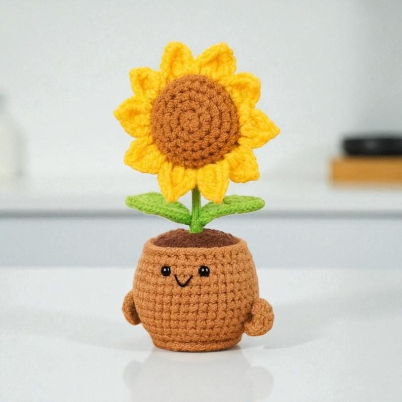 Crochet Sunflower Pot, Handmade Smiling Flower, Emotional Support Gift