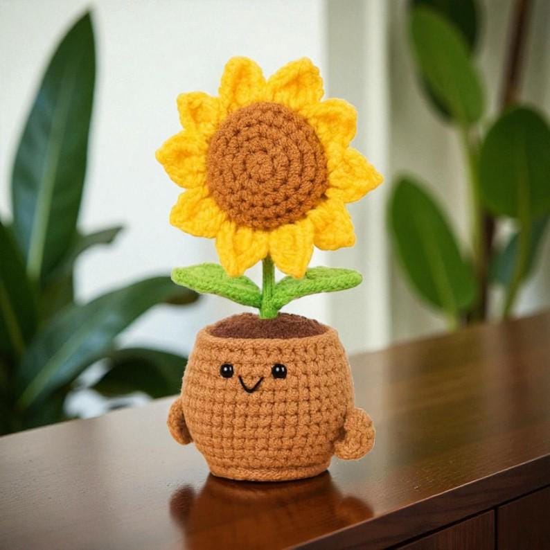 Crochet Sunflower Pot, Handmade Smiling Flower, Emotional Support Gift