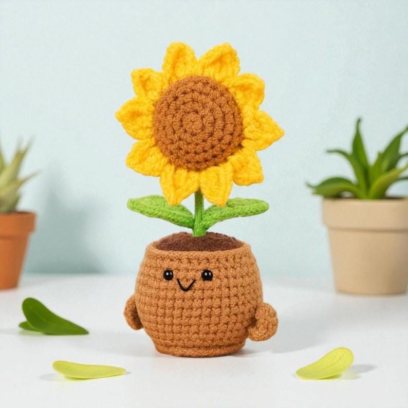 Crochet Sunflower Pot, Handmade Smiling Flower, Emotional Support Gift