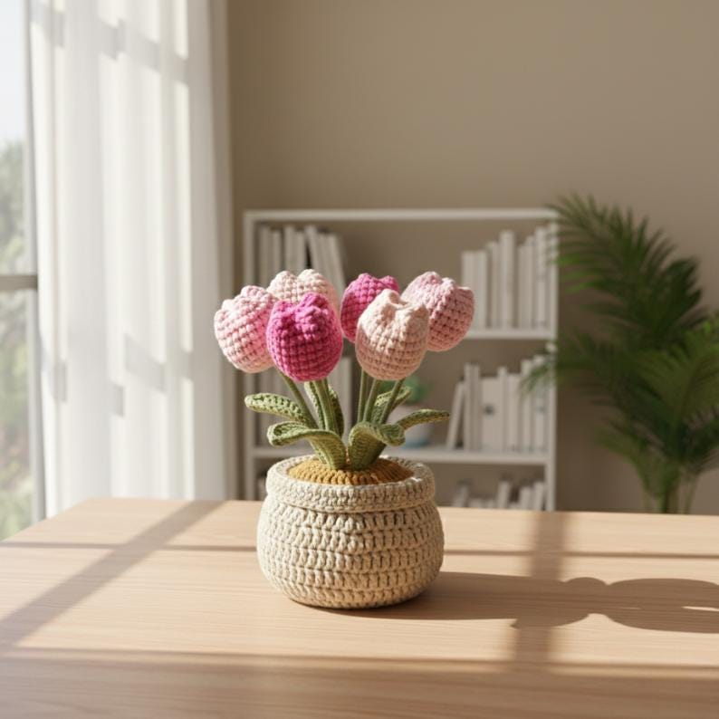 Handmade Crochet Tulip Pot, Everlasting Floral Gift