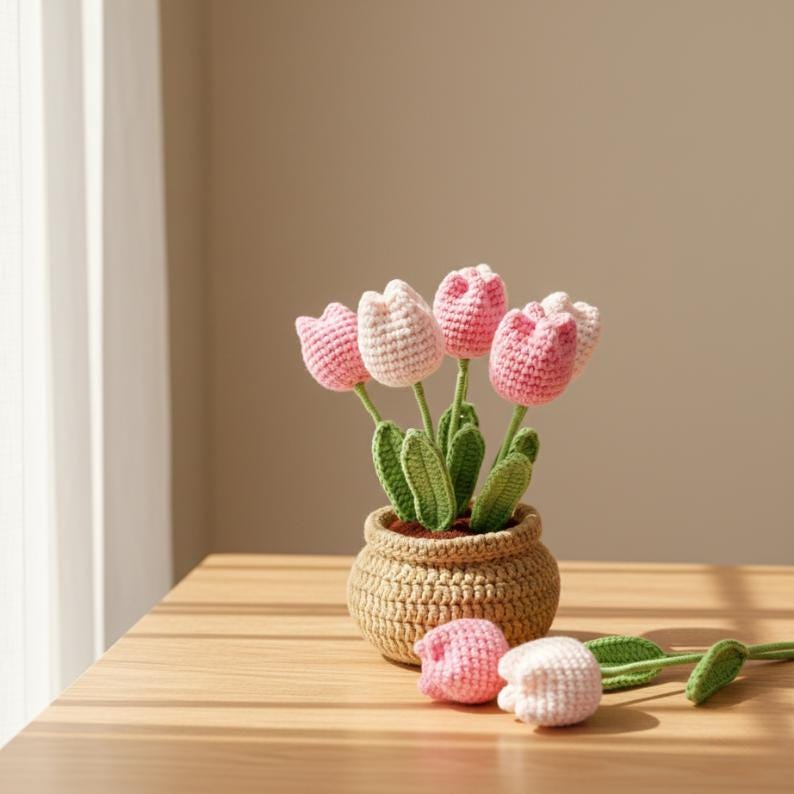 Handmade Crochet Tulip Pot, Everlasting Floral Gift