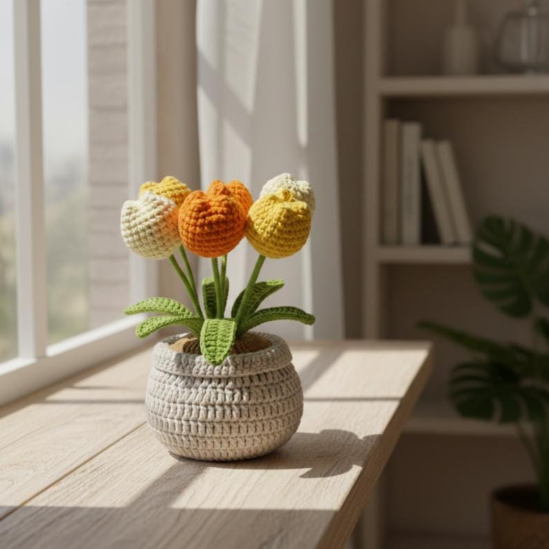 Handmade Crochet Tulip Pot, Everlasting Floral Gift