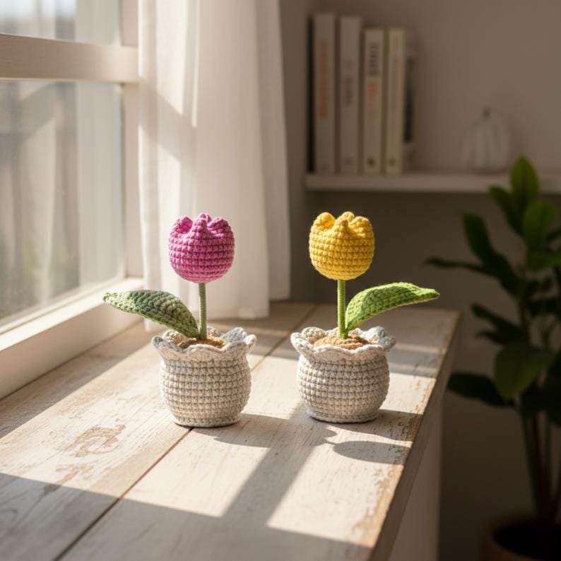 Handmade Crochet Tulip Pot, Everlasting Floral Gift