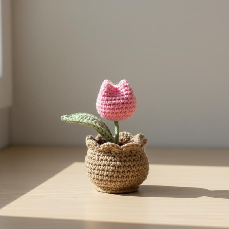 Handmade Crochet Tulip Pot, Everlasting Floral Gift