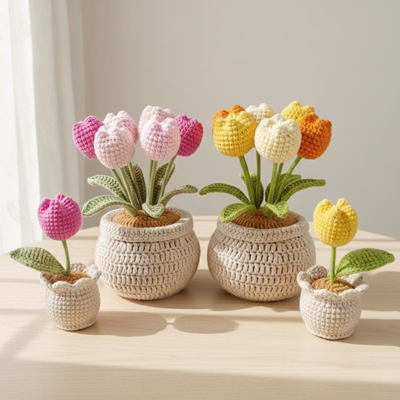 Handmade Crochet Tulip Pot, Everlasting Floral Gift