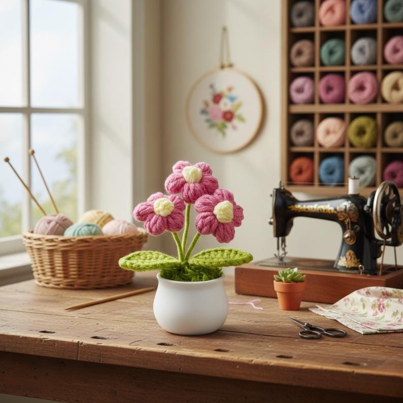 Handmade Crochet Flower Pot, Colorful Desk Decor