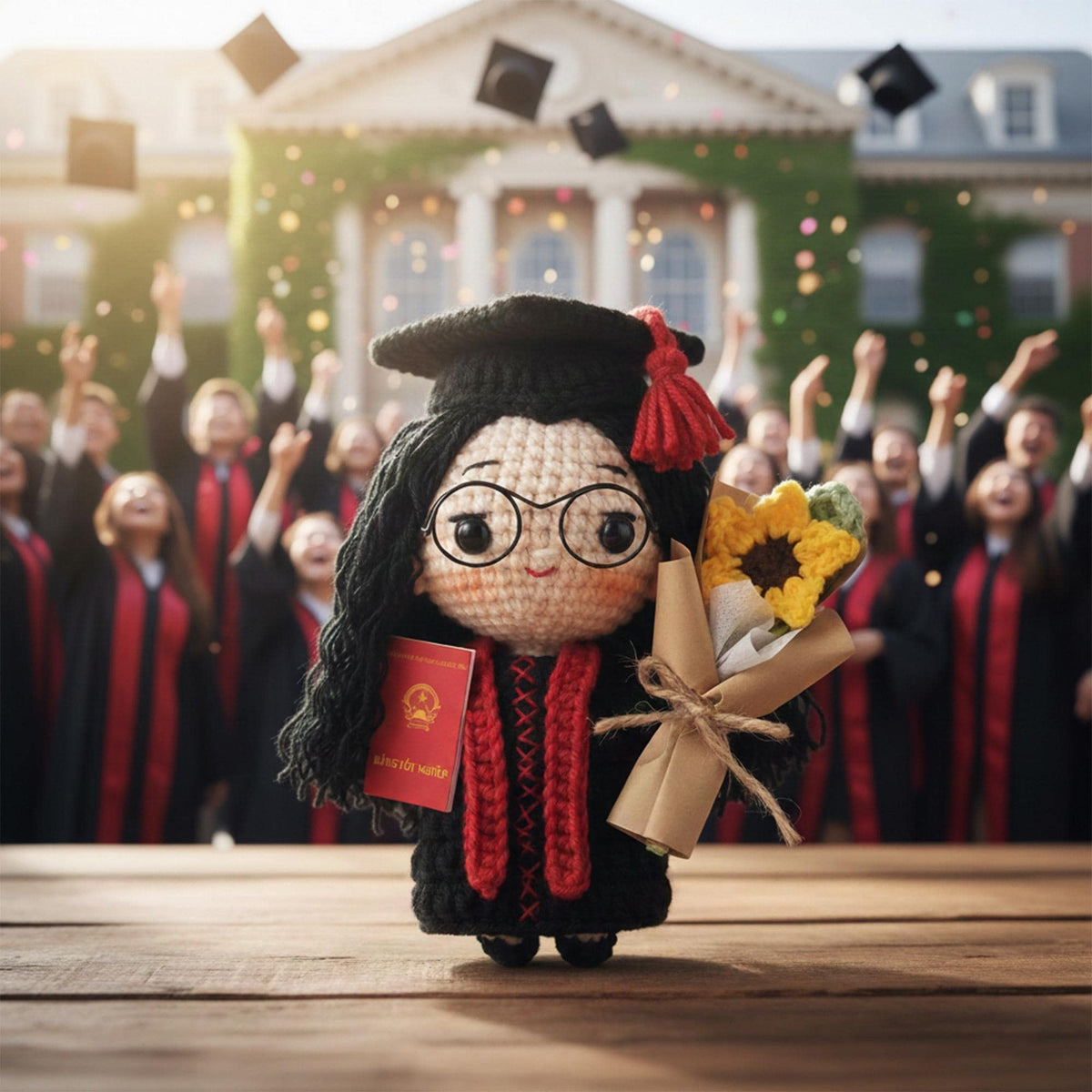 Handmade Crochet Graduation Doll, Cute Amigurumi Graduate Plush With Cap And Diploma, Stuffed Animal Gift For Graduates, Graduation Gift