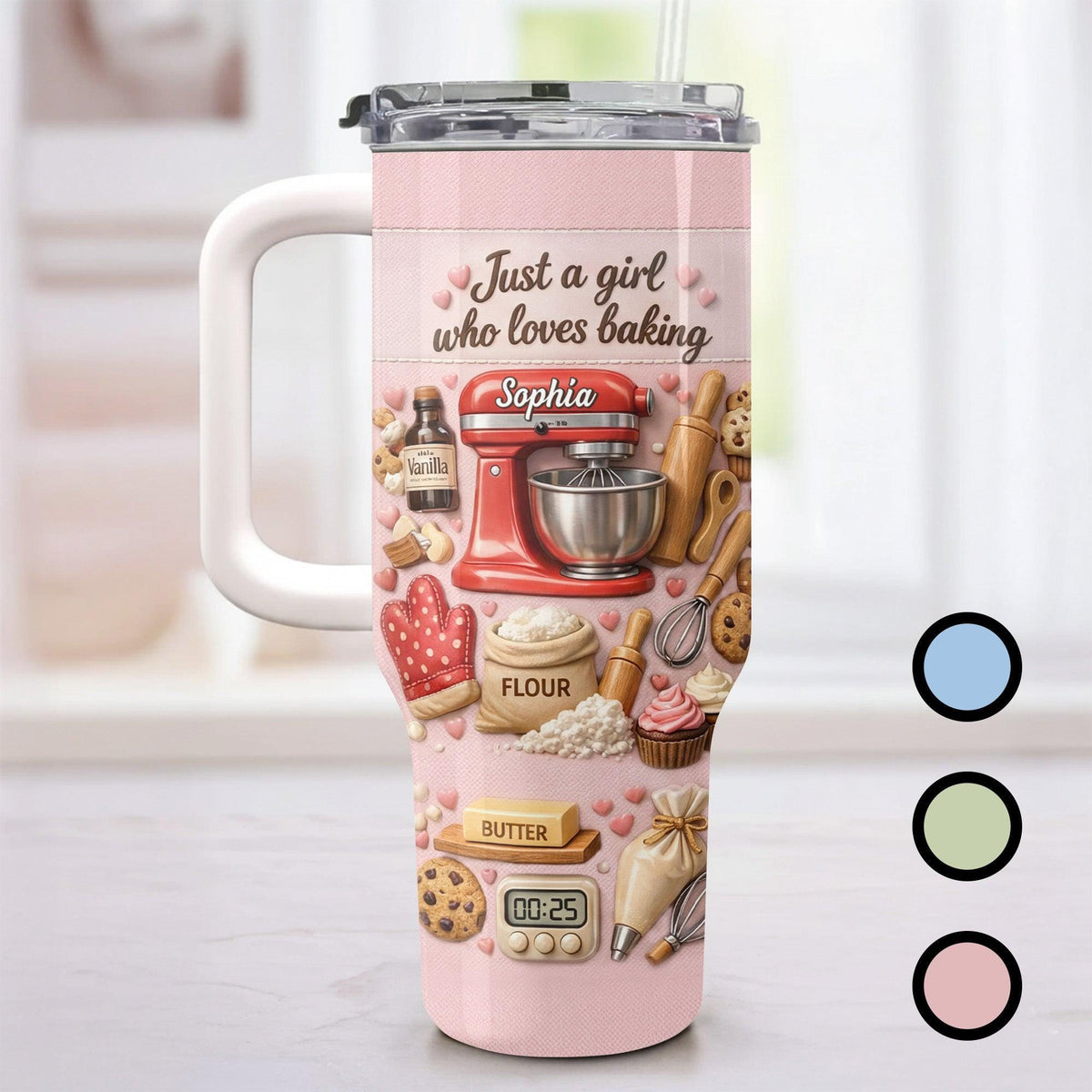 Personalized Just a Girl Who Loves Baking Tumbler, 40oz Cup with Straw for Women, Birthday Keepsake Present, Gift Idea for Her, Baking Lover