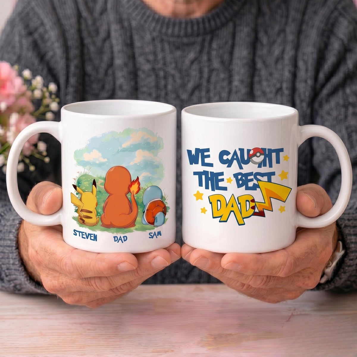 Personalized Poké Best Dad Ever Mug, Custom Name Cup, Father's Day Gift For Him, Custom Anime Characters, Custom Birthday Pokedad Mug