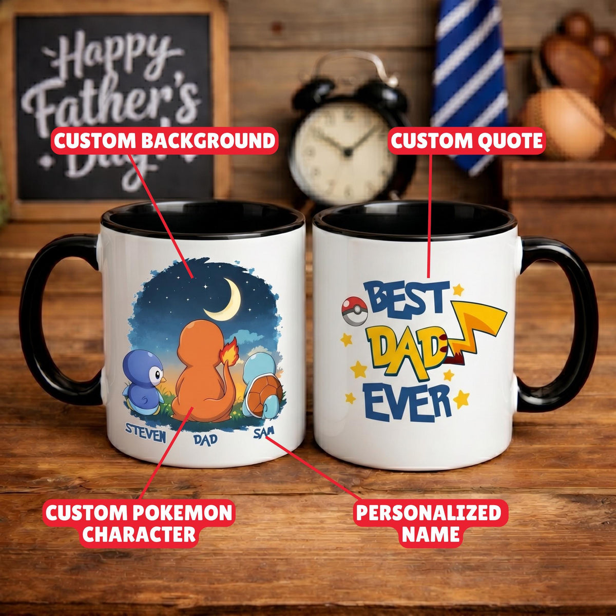 Personalized Poké Best Dad Ever Mug, Custom Name Cup, Father's Day Gift For Him, Custom Anime Characters, Custom Birthday Pokedad Mug