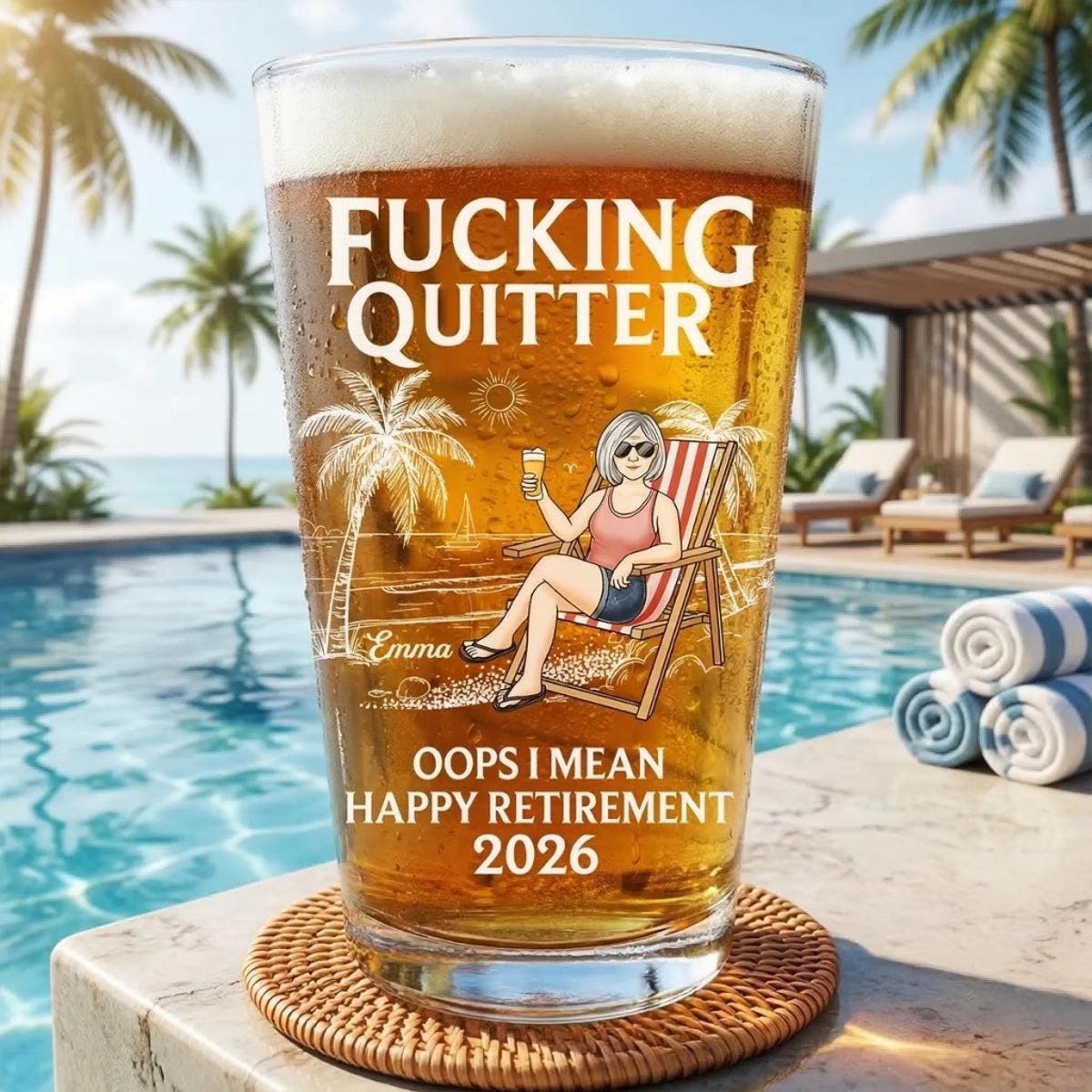Custom Funny Retirement Beer Glass, Happy Father's Day, Personalized Fucking Quitter Happy Retirement Beach 2026 Keepsake, Beach Home Decor