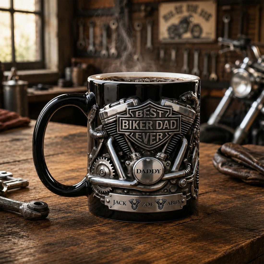 Personalized Biker Dad Mug, Best Biker Dad Ever Custom Name Coffee Mug, Motorcycle Rider Father's Day Gift from Kids, Dad Birthday Gift