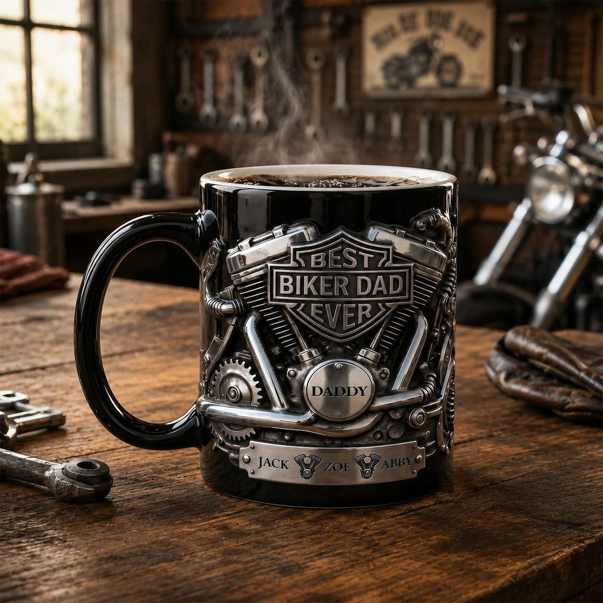 Personalized Biker Dad Mug, Best Biker Dad Ever Custom Name Coffee Mug, Motorcycle Rider Father's Day Gift from Kids, Dad Birthday Gift