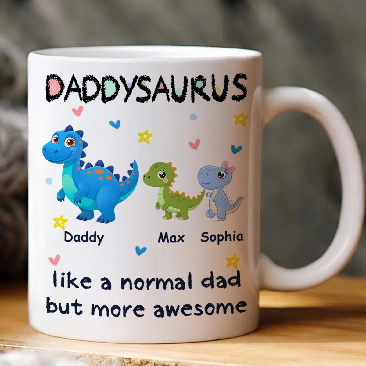 Personalized Daddysaurus Mug, Custom Dinosaur Dad Coffee Cup with Kids Names, Father's Day Gift from Son Daughter, New Dad Gift for Husband