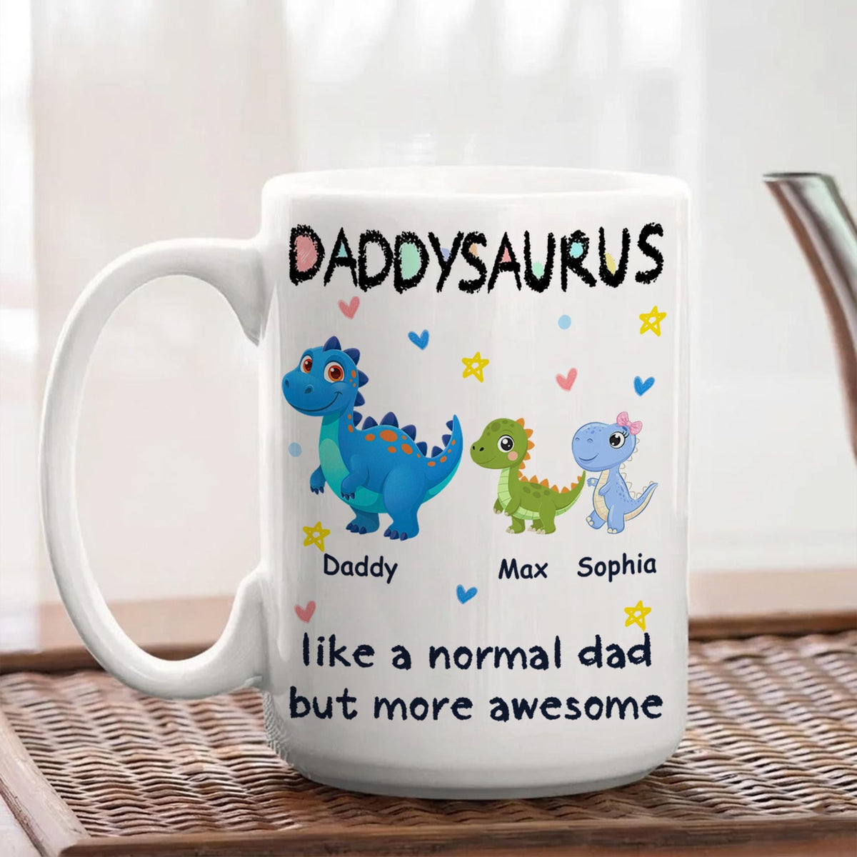 Personalized Daddysaurus Mug, Custom Dinosaur Dad Coffee Cup with Kids Names, Father's Day Gift from Son Daughter, New Dad Gift for Husband