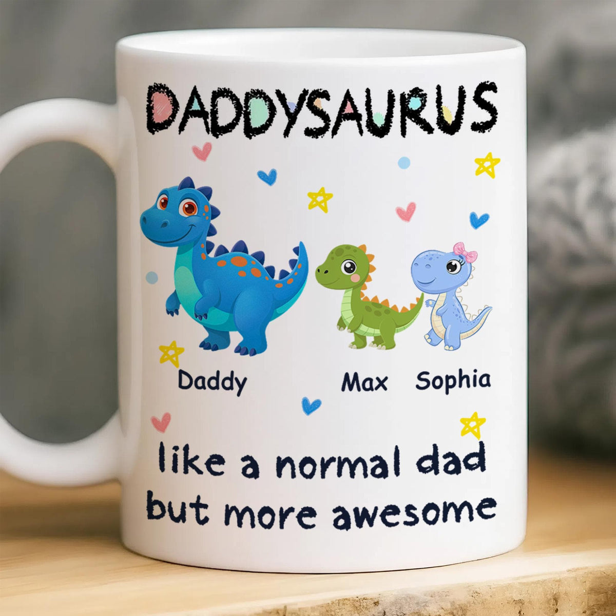 Personalized Daddysaurus Mug, Custom Dinosaur Dad Coffee Cup with Kids Names, Father's Day Gift from Son Daughter, New Dad Gift for Husband