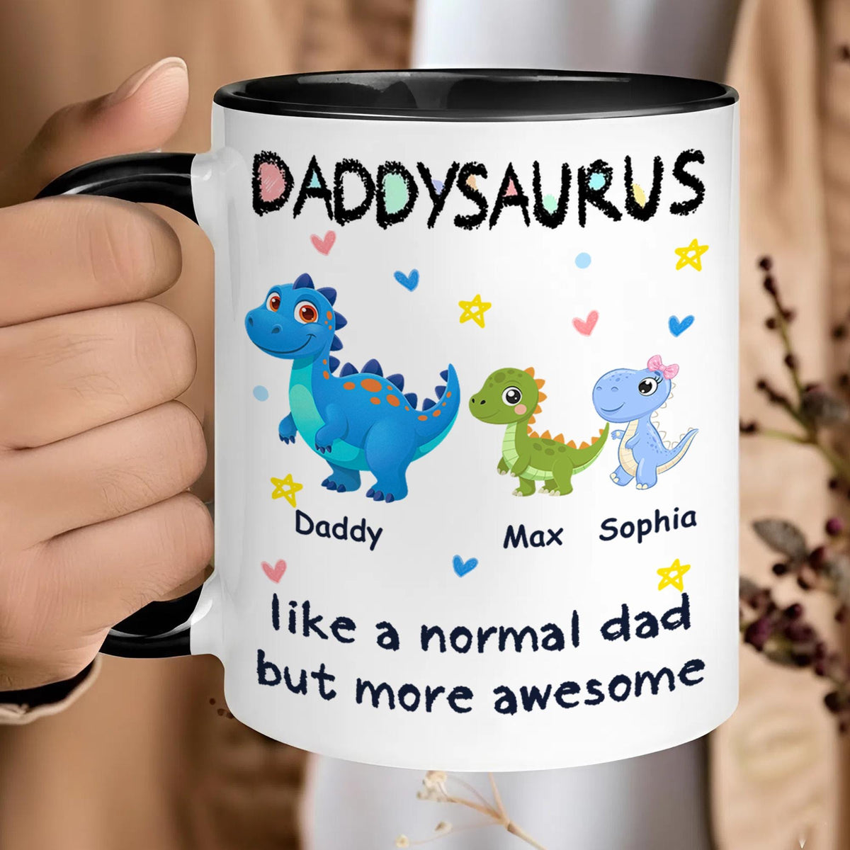 Personalized Daddysaurus Mug, Custom Dinosaur Dad Coffee Cup with Kids Names, Father's Day Gift from Son Daughter, New Dad Gift for Husband