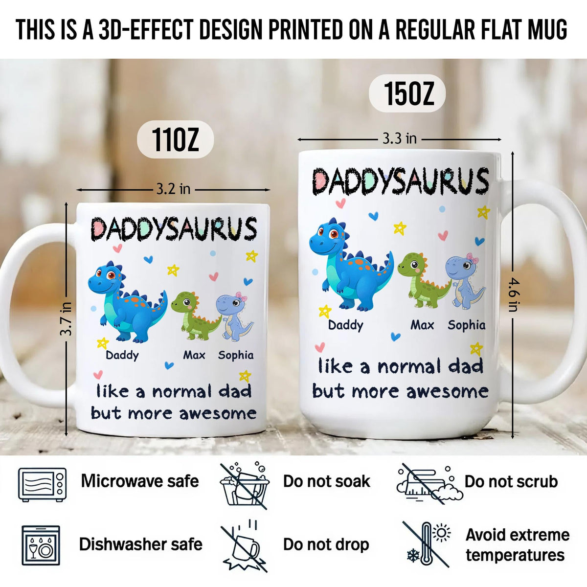 Personalized Daddysaurus Mug, Custom Dinosaur Dad Coffee Cup with Kids Names, Father's Day Gift from Son Daughter, New Dad Gift for Husband