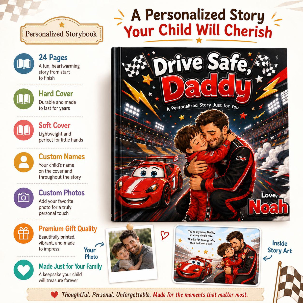 Personalized Drive Safe Daddy Children Book, Father's Day Gift For Dad From Kids, Custom Photo Storybook For Dad, Race Car Book For Toddler