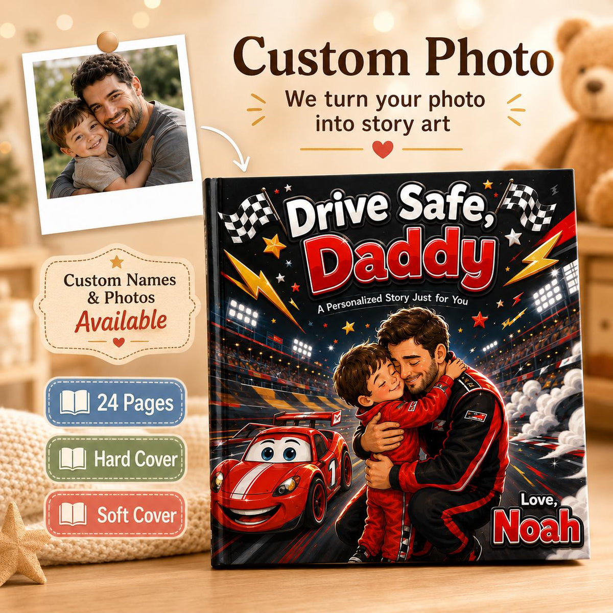 Personalized Drive Safe Daddy Children Book, Father's Day Gift For Dad From Kids, Custom Photo Storybook For Dad, Race Car Book For Toddler