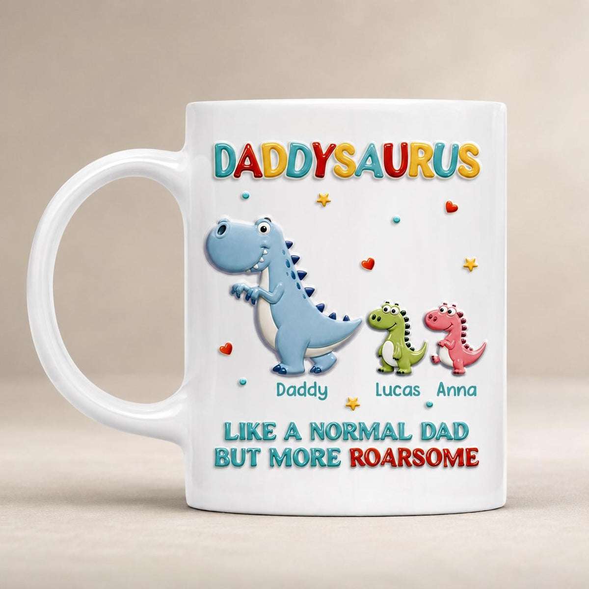 Personalized Daddysaurus 3D Effect Coffee Mug, Gifts for Dad, Dinosaur Dad Coffee Cup with Kid Name, Father's Day Gift, New Dad Gift Husband