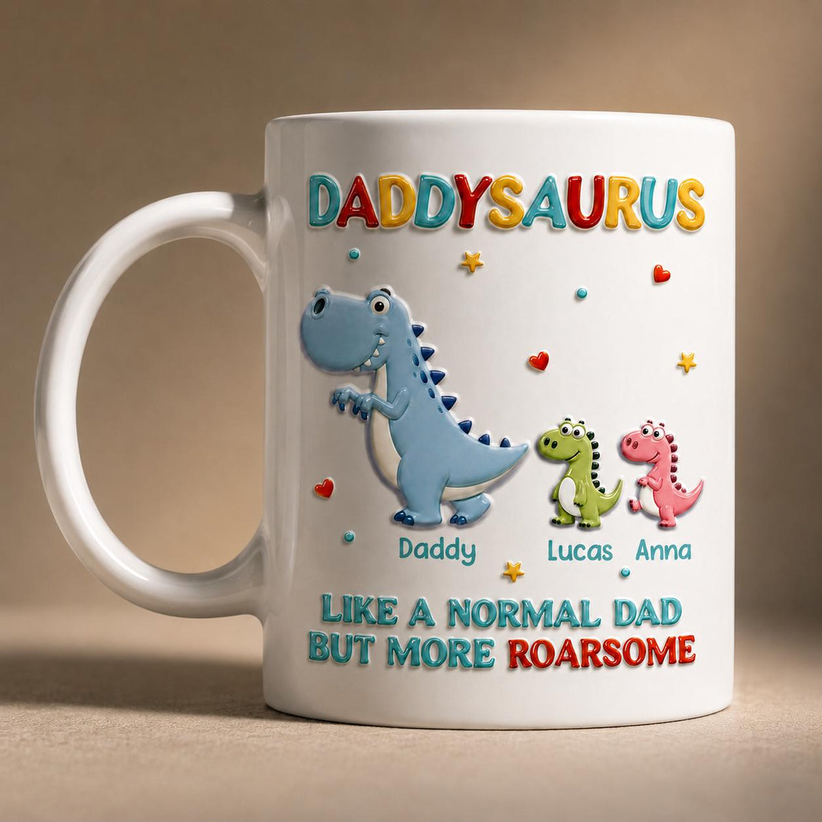 Personalized Daddysaurus 3D Effect Coffee Mug, Gifts for Dad, Dinosaur Dad Coffee Cup with Kid Name, Father's Day Gift, New Dad Gift Husband