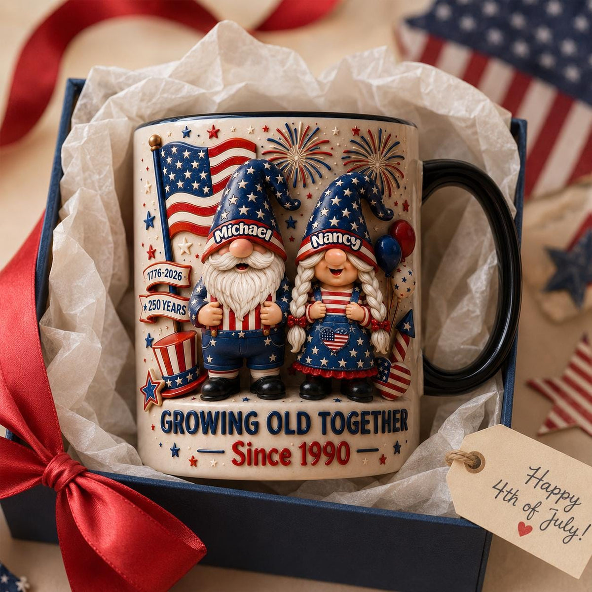 Personalized 3D 4th of July Gnomes Coffee Mug, Gift For Him Her Family, Sentimental Gnome Ceramic Cup, Patriotic Keepsake Present, Gift Idea