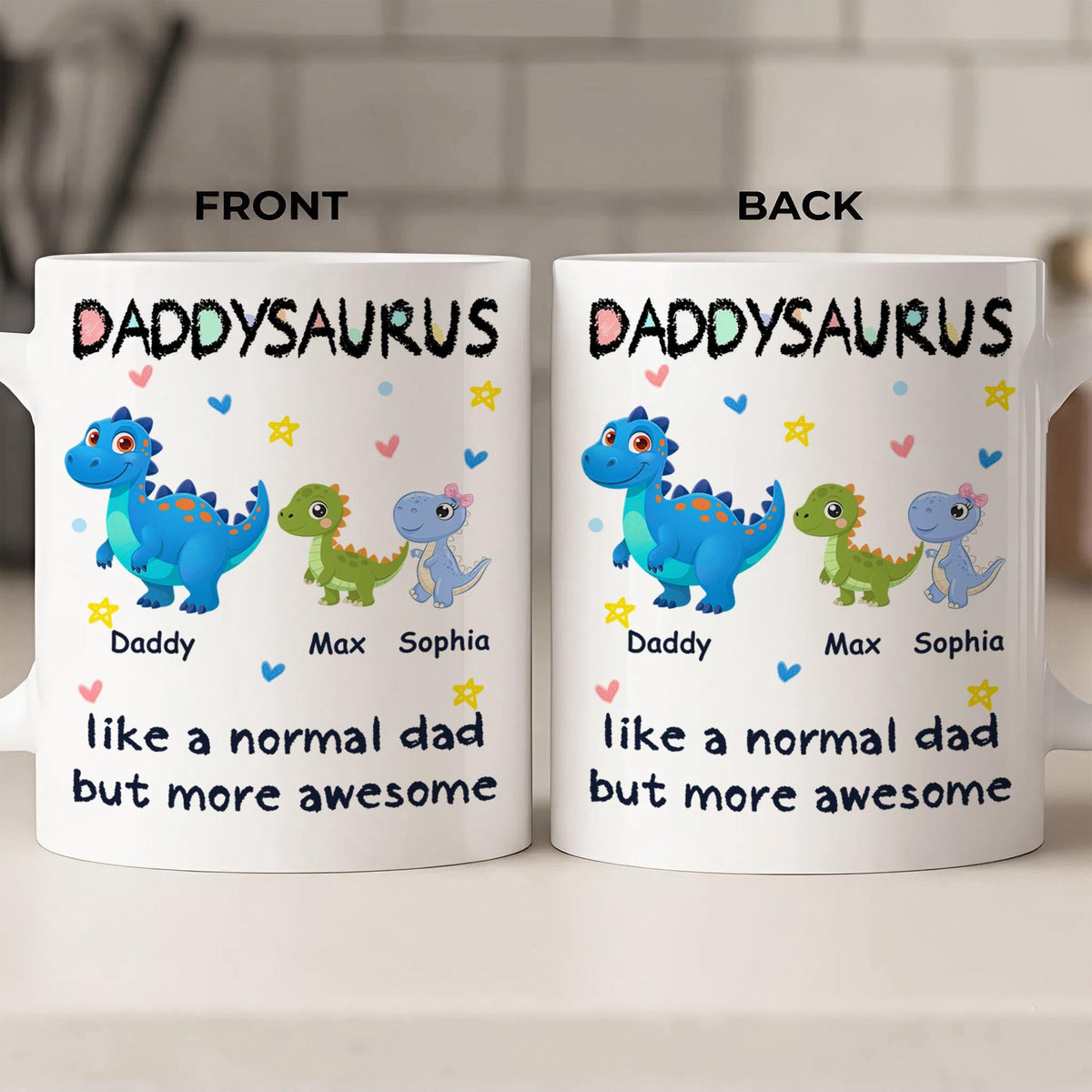 Personalized Daddysaurus Mug, Custom Dinosaur Dad Coffee Cup with Kids Names, Father's Day Gift from Son Daughter, New Dad Gift for Husband