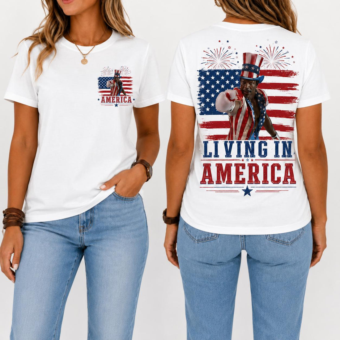 Apollo Creed Living In America T Shirt, Patriotic Boxing Fourth Of July Vintage American Flag Tee, Retro Independence Day USA Fighter Shirt