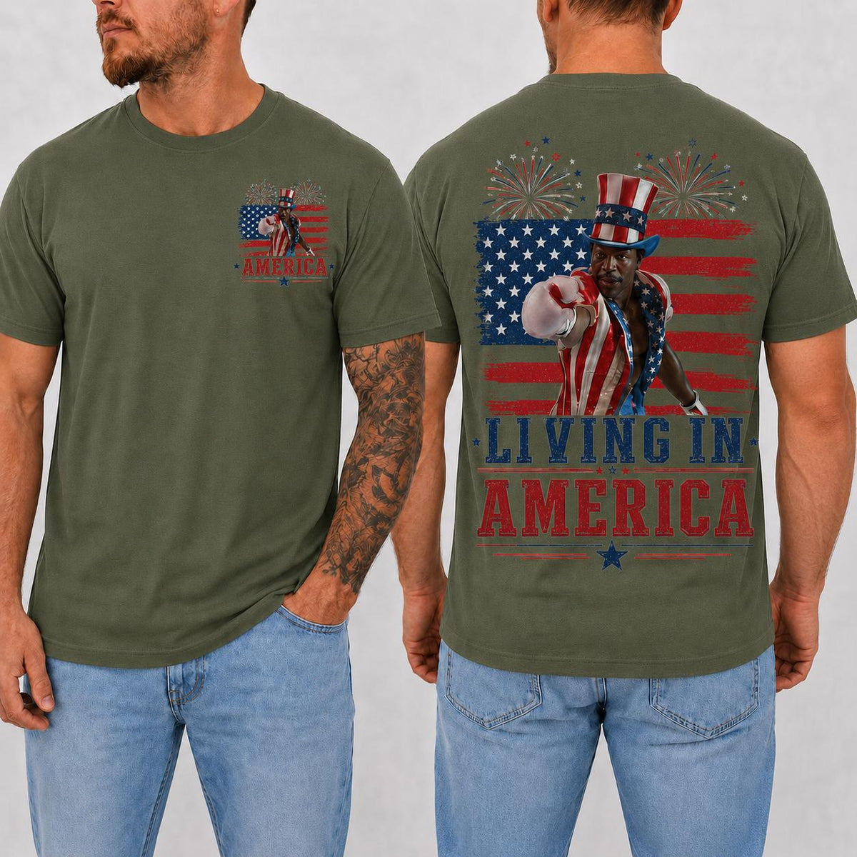 Apollo Creed Living In America T Shirt, Patriotic Boxing Fourth Of July Vintage American Flag Tee, Retro Independence Day USA Fighter Shirt