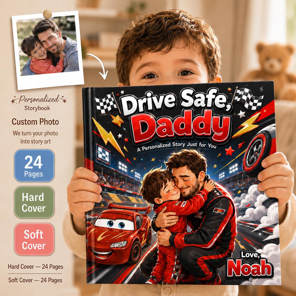 Personalized Drive Safe Daddy Children Book, Father's Day Gift For Dad From Kids, Custom Photo Storybook For Dad, Race Car Book For Toddler