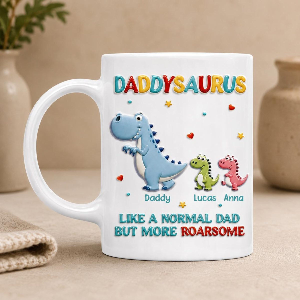 Personalized Daddysaurus 3D Effect Coffee Mug, Gifts for Dad, Dinosaur Dad Coffee Cup with Kid Name, Father's Day Gift, New Dad Gift Husband