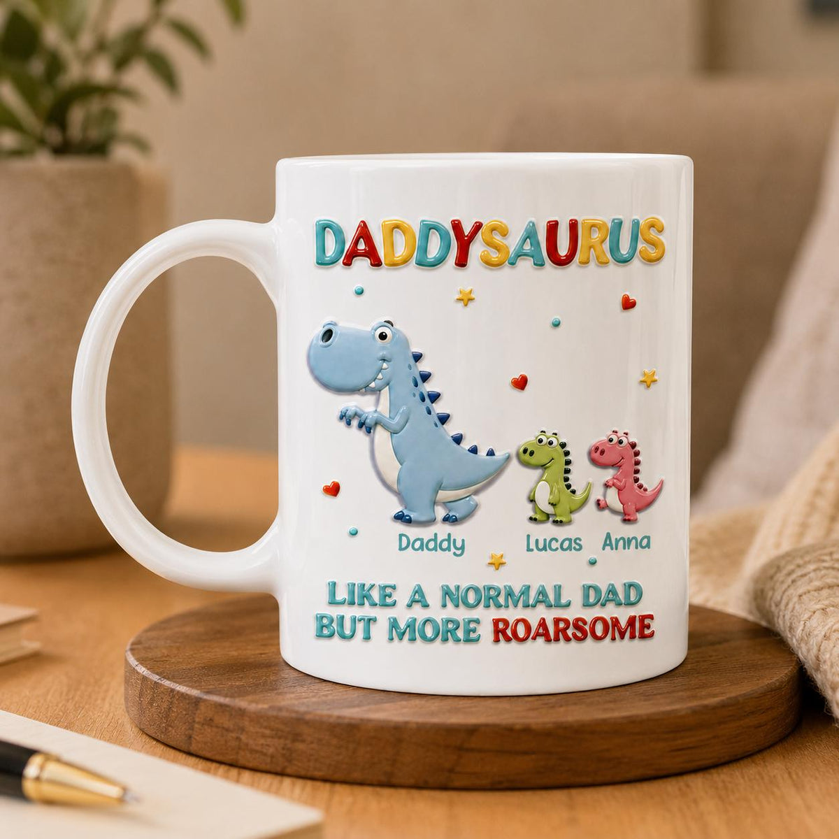 Personalized Daddysaurus 3D Effect Coffee Mug, Gifts for Dad, Dinosaur Dad Coffee Cup with Kid Name, Father's Day Gift, New Dad Gift Husband
