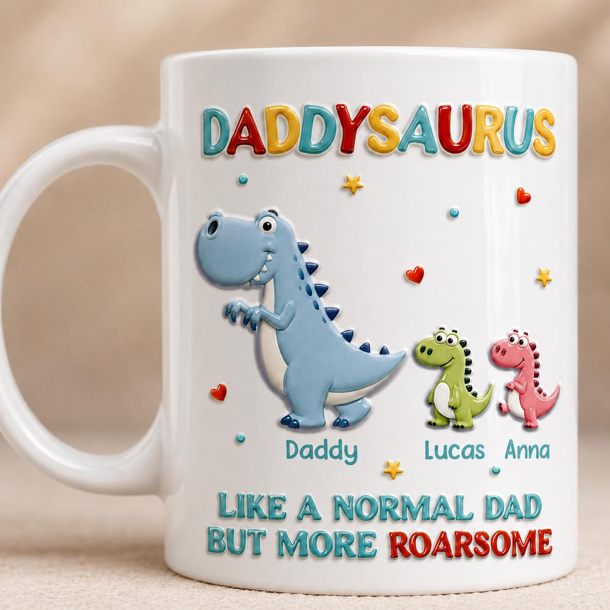 Personalized Daddysaurus 3D Effect Coffee Mug, Gifts for Dad, Dinosaur Dad Coffee Cup with Kid Name, Father's Day Gift, New Dad Gift Husband