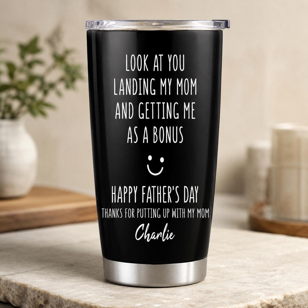 Custom Look At You Landing My Mom And Getting Me As A Bonus Tumbler, Stepdad Cup, Father's Day Gift for Stepdad,From Step Son Step Daughter