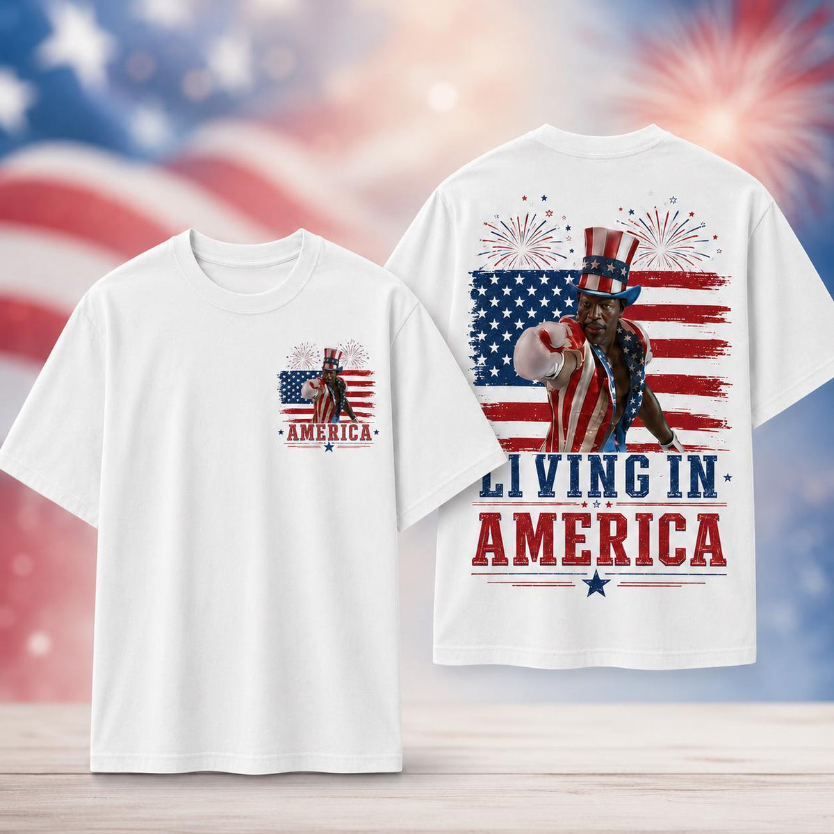 Apollo Creed Living In America T Shirt, Patriotic Boxing Fourth Of July Vintage American Flag Tee, Retro Independence Day USA Fighter Shirt